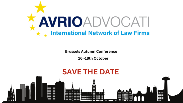 Save the date flyer with image of Brussels skyline for teh Avrio Autumn conference